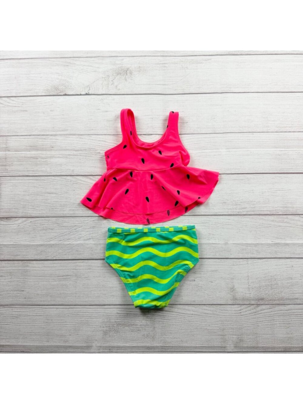 Cat & Jack Girls Pink Watermelon Tankini Set 2 Piece Swimsuit Green Stripe 3T - Picture 3 of 3